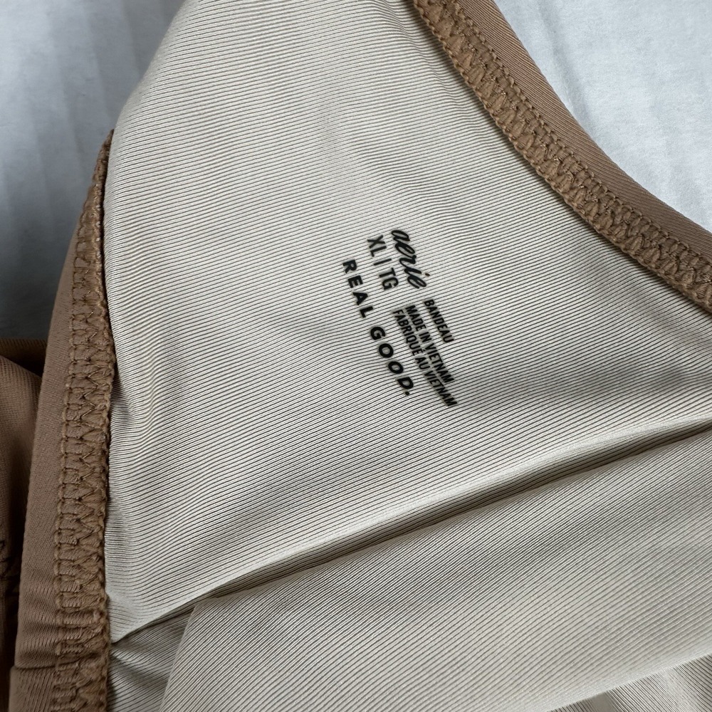 Aerie Swimsuit Top XL Brown Tan Plunge Bandeau Shell Tassle Tie - Picture 5 of 6